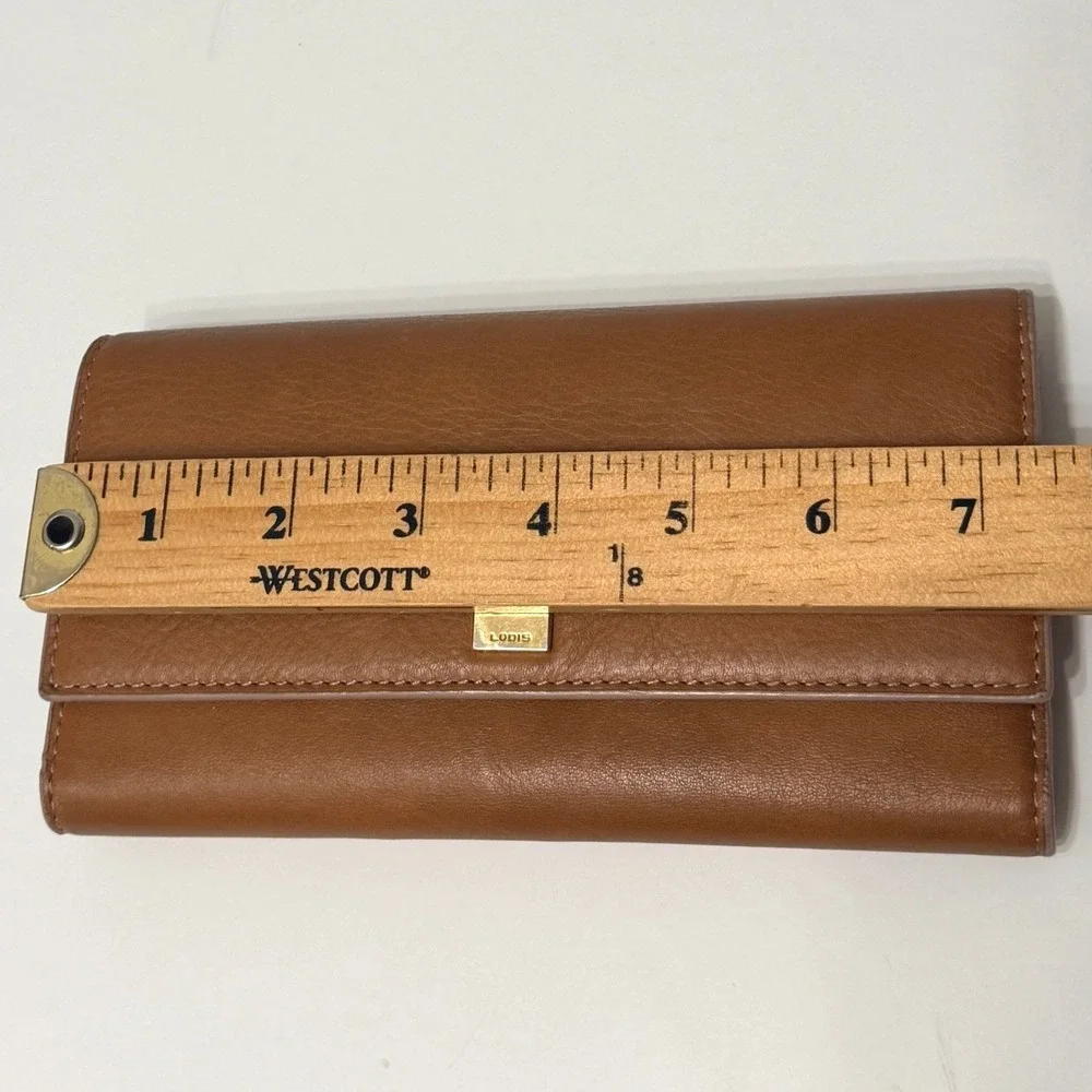 Lodis‎ Leather Classic Flap Snap Wallet Trifold Purse- Caramel Brown Card Holder
